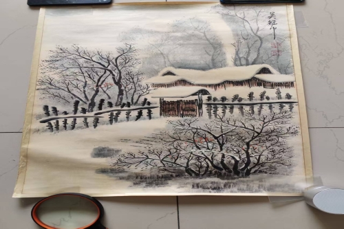 吴冠中款雪景山村国画